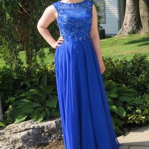 Royal Blue Sequinned Bodice Backless Prom Dress